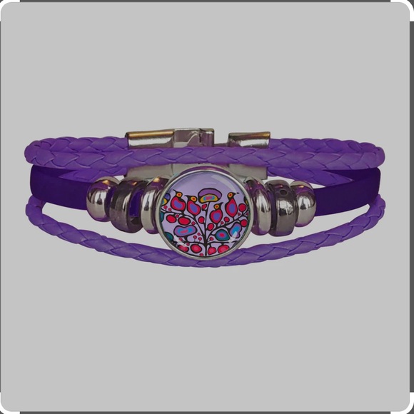 Norval Morisseau Woodland floral Purple Leatherette Bracelet with Silver Accents - Picture 1 of 7